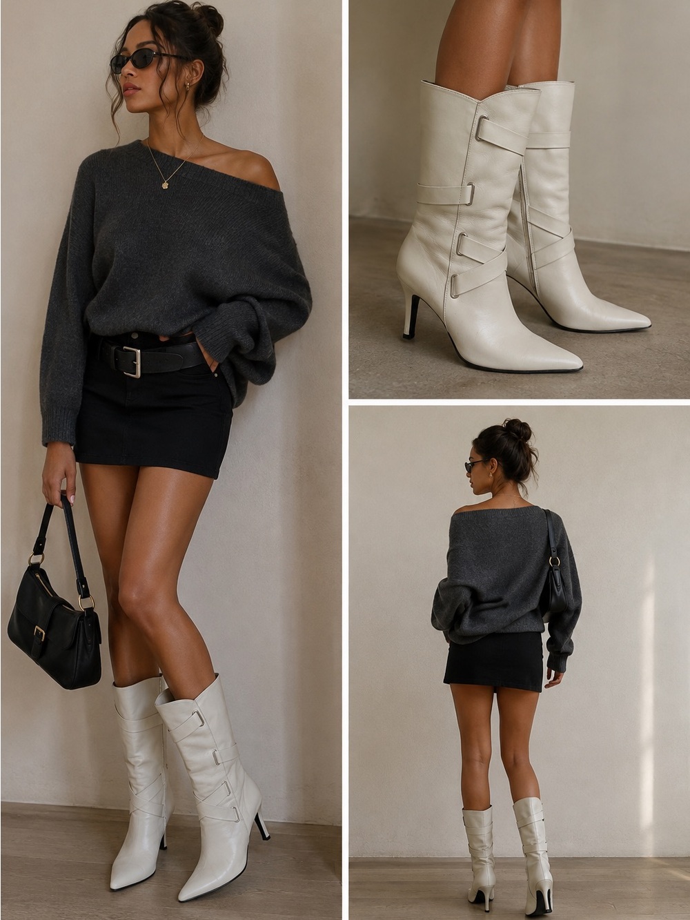 Y2K Leather Cream Pointed-Toe Mid-Calf Boots | Made in Brazil | 8
